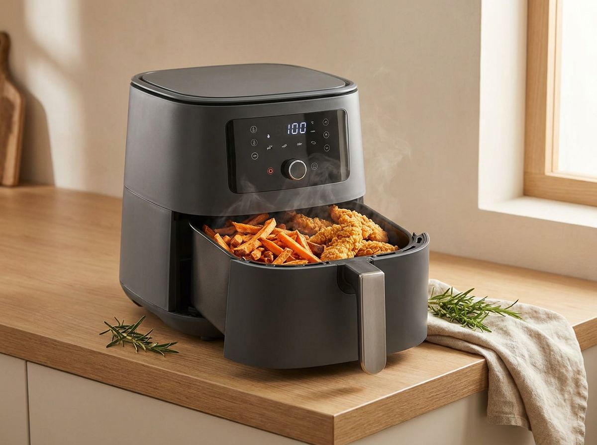 A grey air fryer on a wooden bench with its basket pulled out, holding sweet potato fries and crumbed chicken, with rosemary and a linen cloth beside it