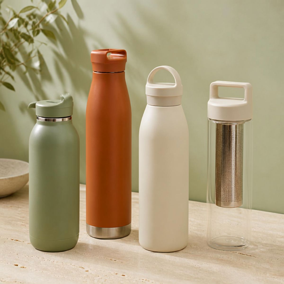 Four reusable bottles in a row: a sage insulated bottle with a flip lid, a terracotta insulated bottle, a cream bottle with a loop cap, and a clear glass bottle with a steel infuser