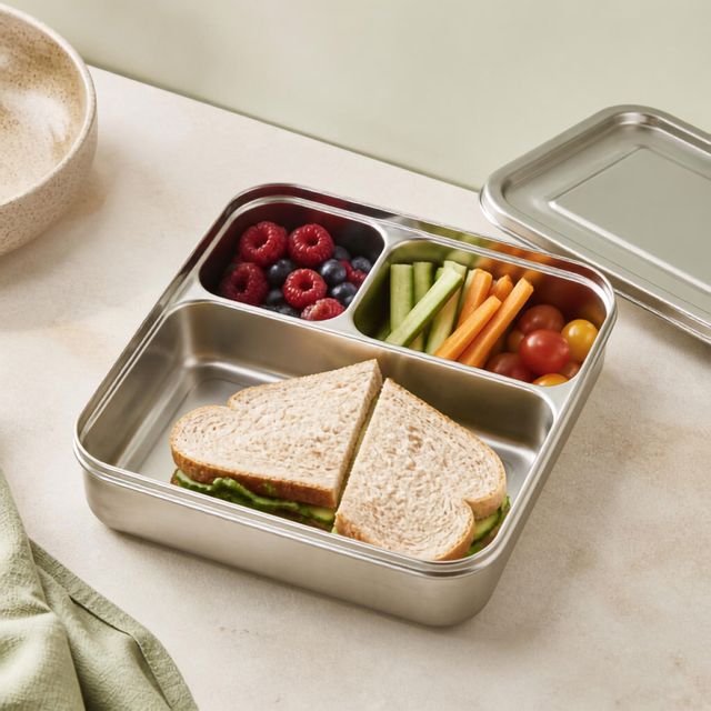 An open stainless steel bento box with a stainless lid beside it, holding a sandwich, raspberries and blueberries, cucumber and carrot sticks and cherry tomatoes