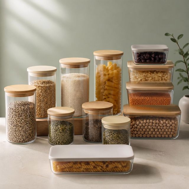 Glass storage jars and rectangular containers with bamboo lids holding rice, pasta, lentils, oats, seeds and dried beans