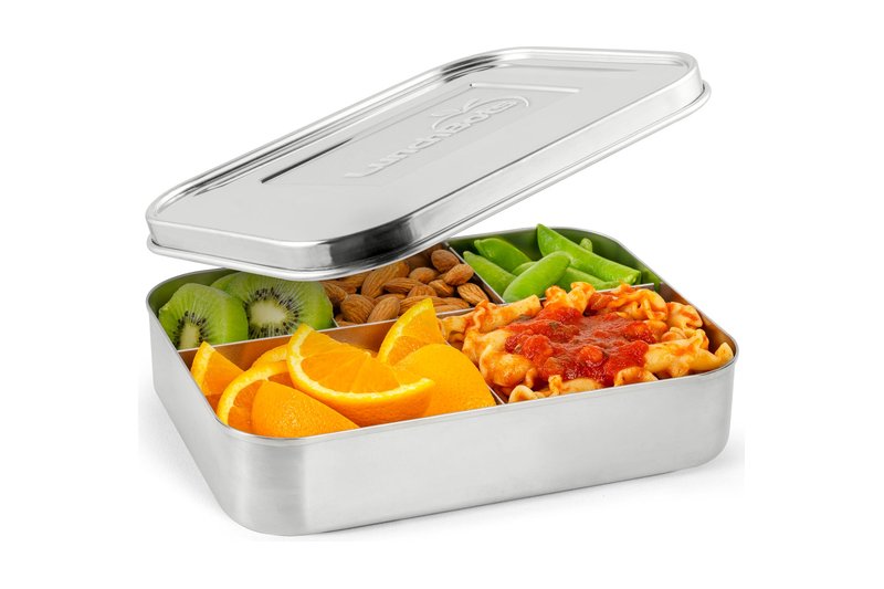 LunchBots Large Cinco stainless steel bento box with lid, five sections filled with fruit and food