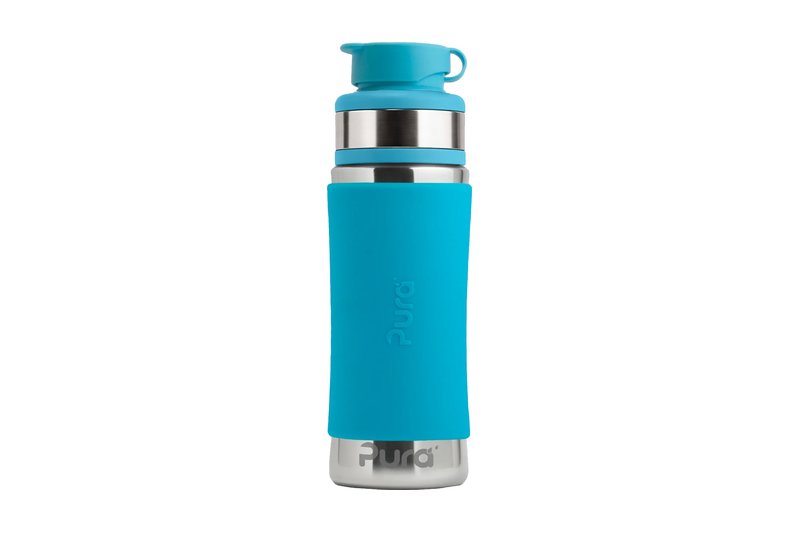 Pura Sport Mini 11 oz stainless steel bottle with aqua silicone sleeve and sport cap
