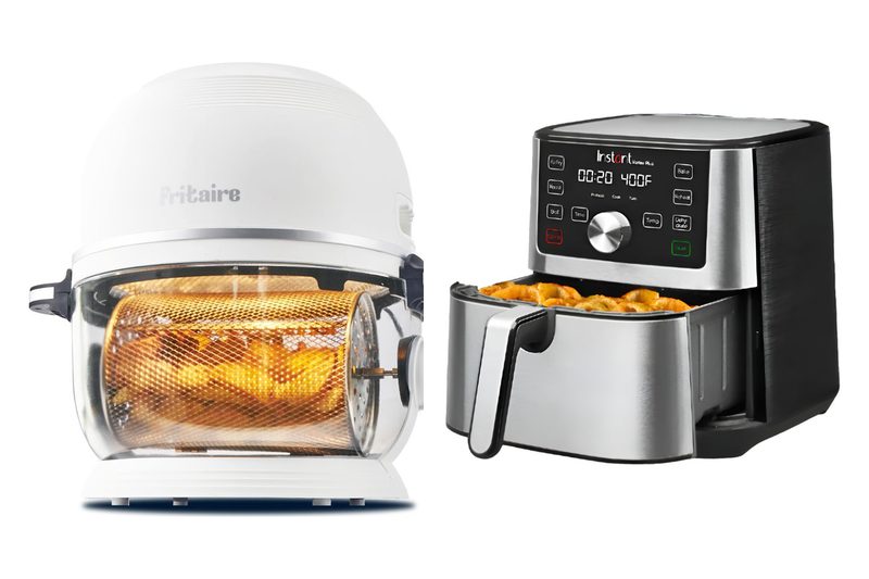 A Fritaire glass-bowl air fryer next to an Instant Vortex Plus air fryer with its non-stick basket open