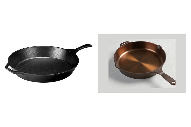 A black Lodge cast iron skillet and a polished bronze-coloured Smithey No. 12 cast iron skillet