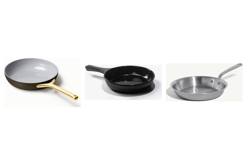 A Caraway ceramic-coated fry pan, an Xtrema solid ceramic skillet and a Made In stainless steel frying pan