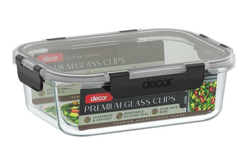 Décor Premium Glass Clips 1 litre oblong glass container with a four-clip lid