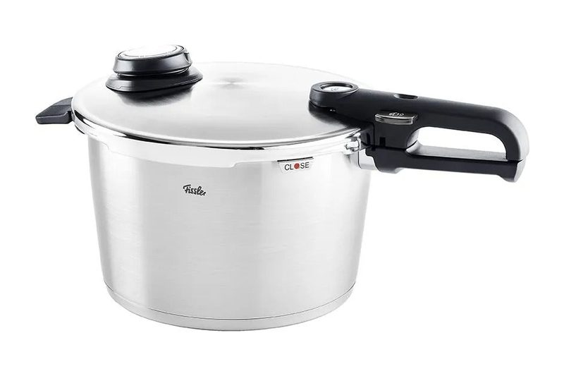Fissler Vitavit Premium stainless steel pressure cooker with its locking lid and black handle