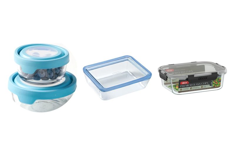 Anchor Hocking TrueSeal glass containers, a Pyrex Zero Plastic glass dish with a glass lid, and a Décor Glass Clips container