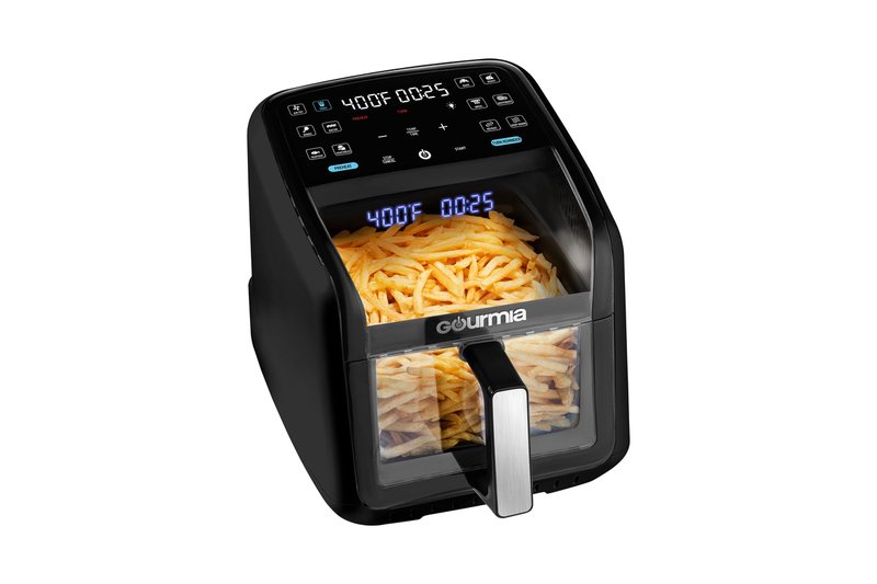 Gourmia 7 quart black digital air fryer with a see-through glass basket full of fries