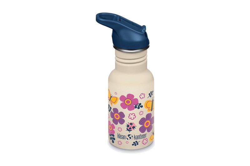 Klean Kanteen Kids Classic 12 oz stainless bottle with a flower print and a navy sport cap
