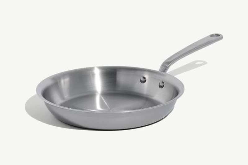 Made In stainless clad frying pan, uncoated, with a long stainless handle