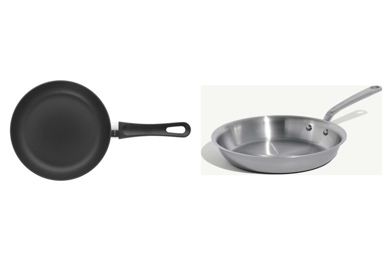 A SCANPAN Classic non-stick fry pan, whose coating contains PTFE, next to an uncoated Made In stainless steel frying pan