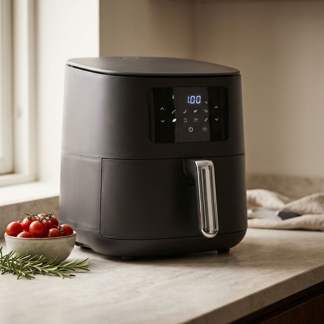 A matte black air fryer with a chrome handle and digital display on a stone bench by a window, beside a bowl of cherry tomatoes and a sprig of rosemary